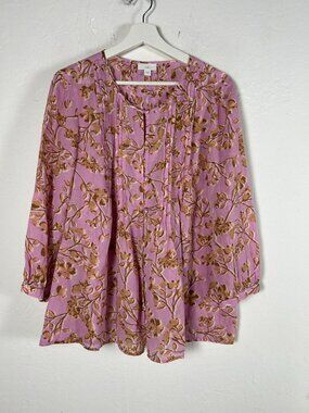 J. Jill Womens Pink Brown Floral Long Sleeve Cotton Pintuck Tunic Top Size Large